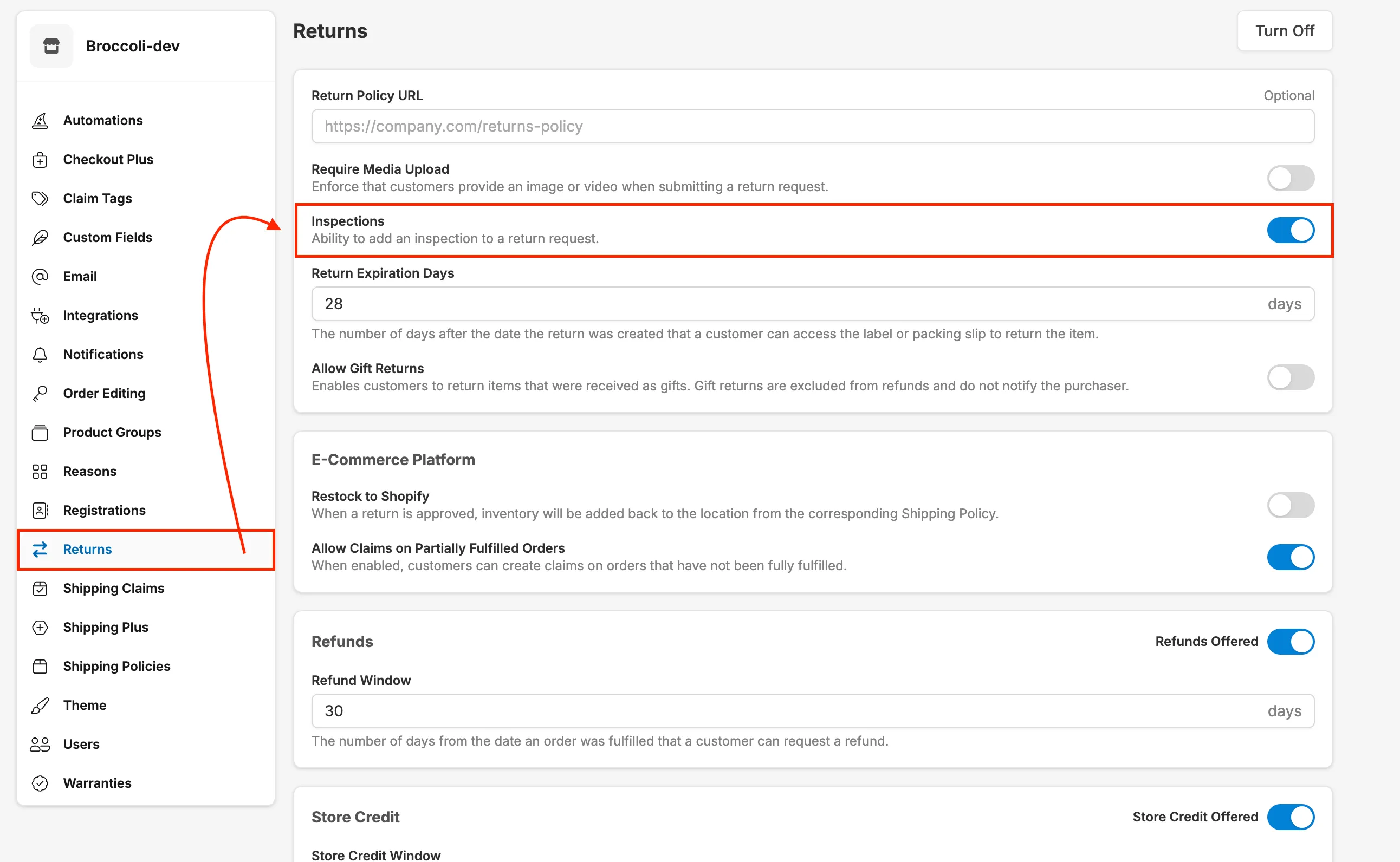 Return Inspections Setting