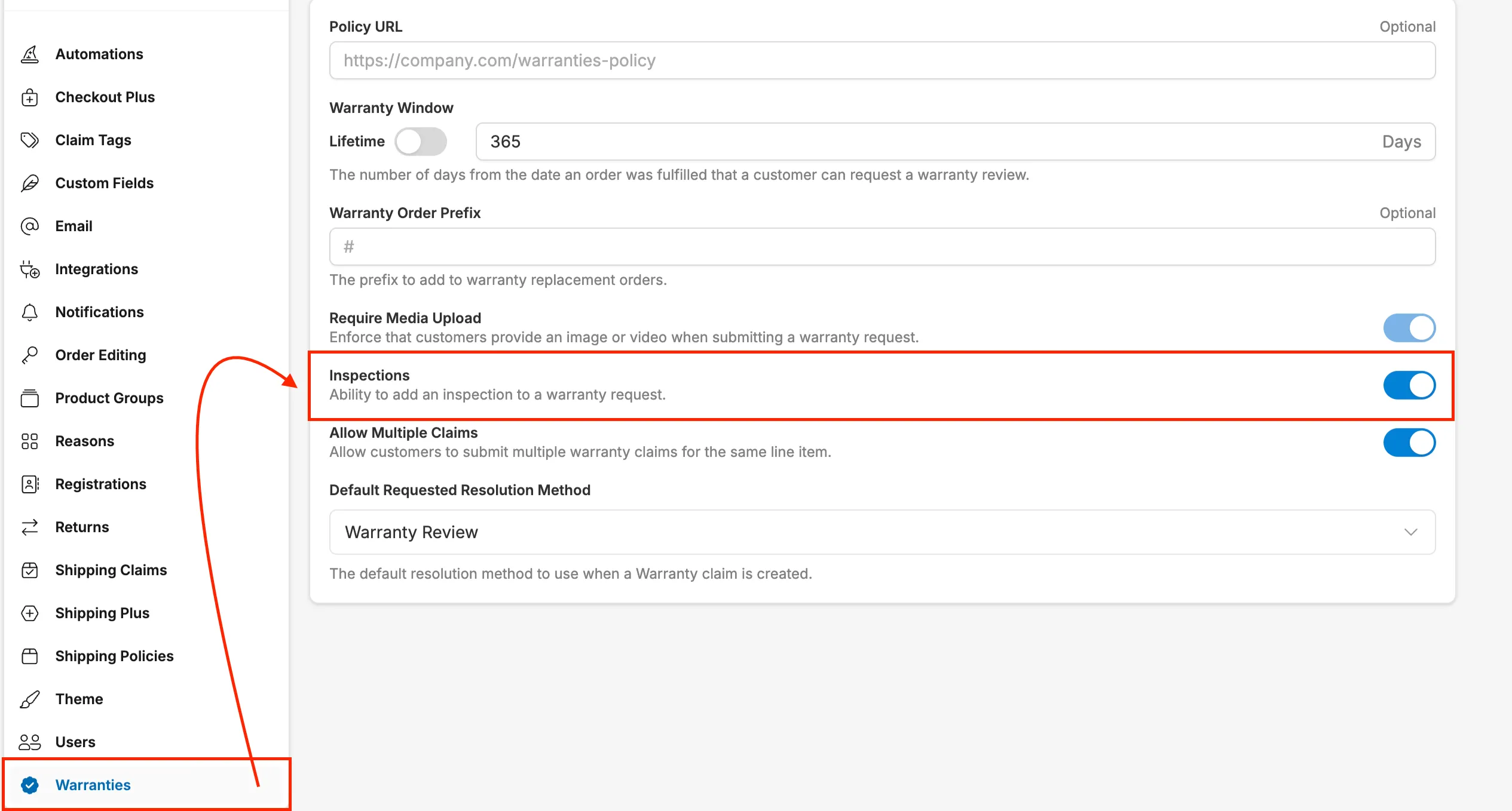 Warranty Inspections Setting