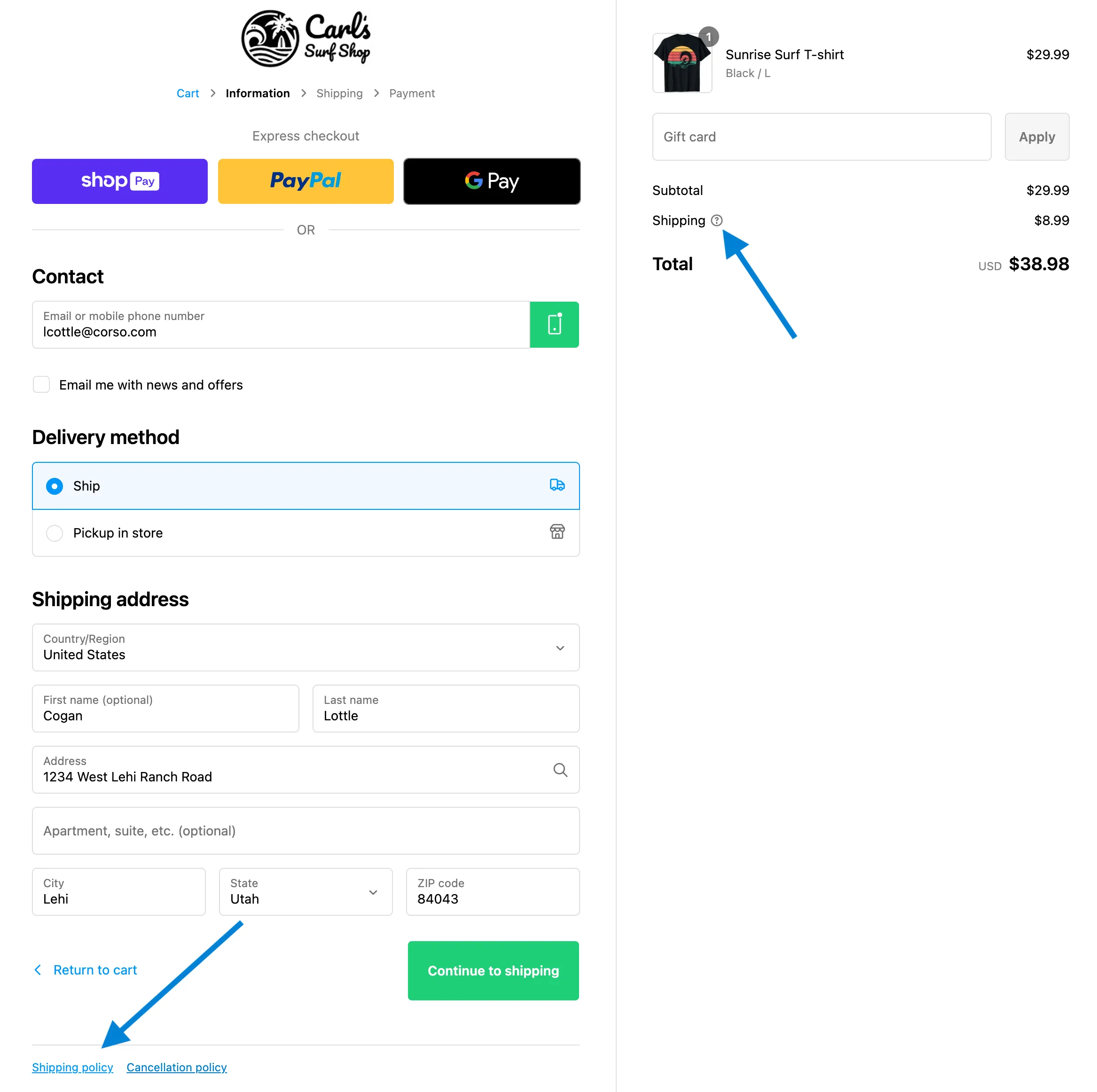 Screenshot of checkout and where customers can click to view the shipping policy