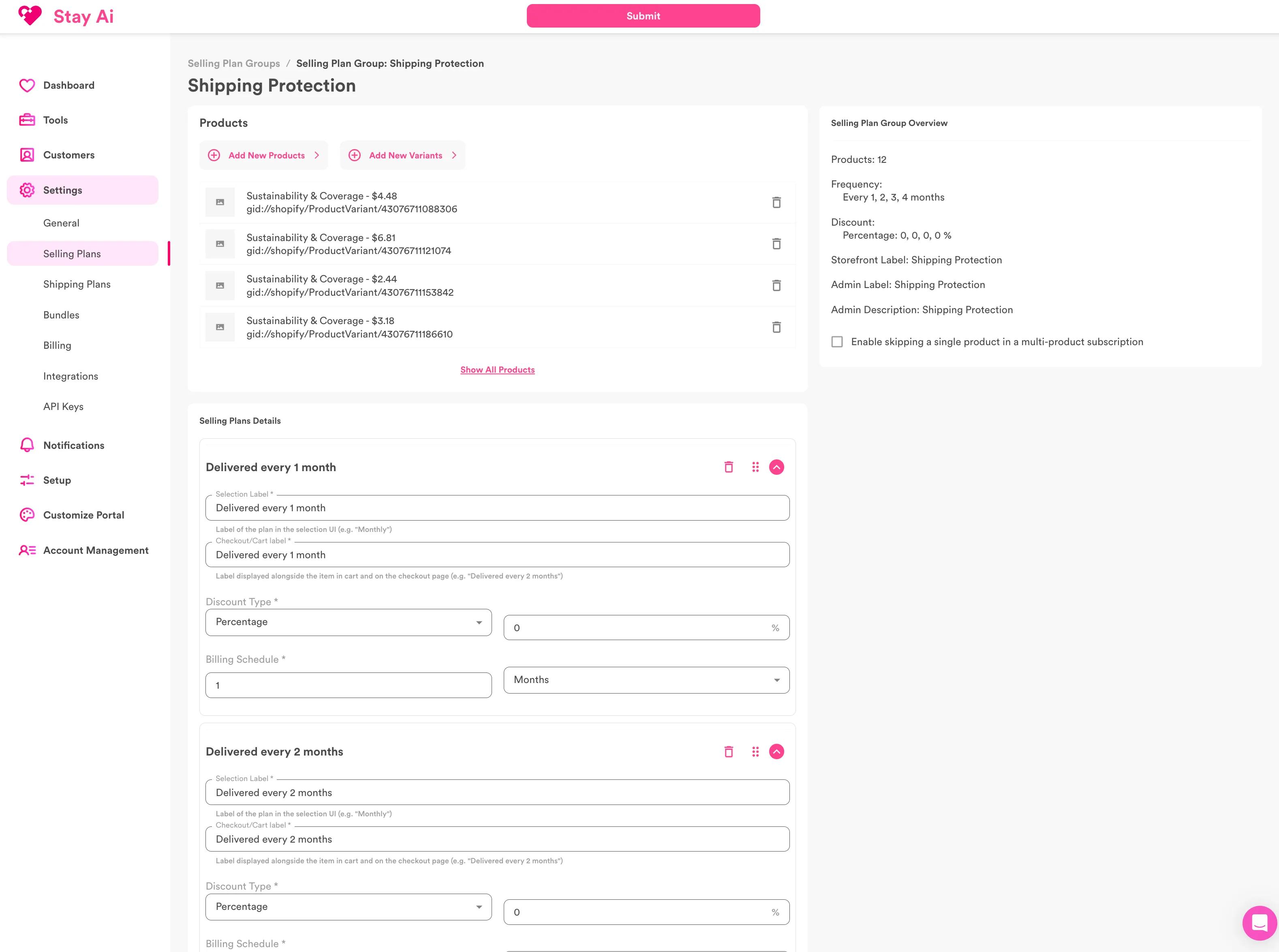 Screenshot of selling plan details page in Stay Ai