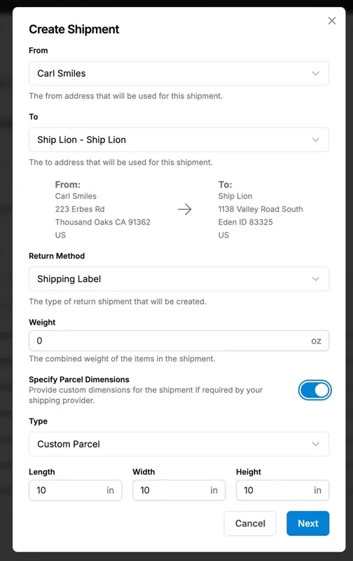 Create A Return Shipment