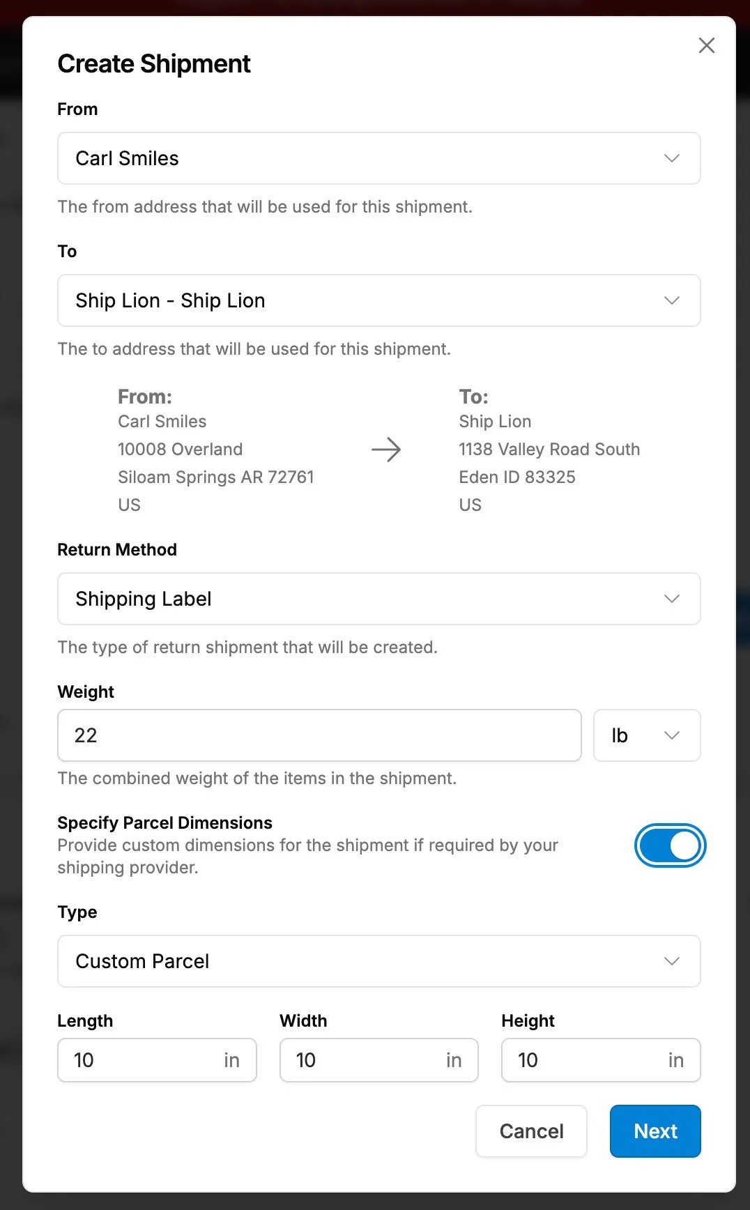 Create A Return Shipment