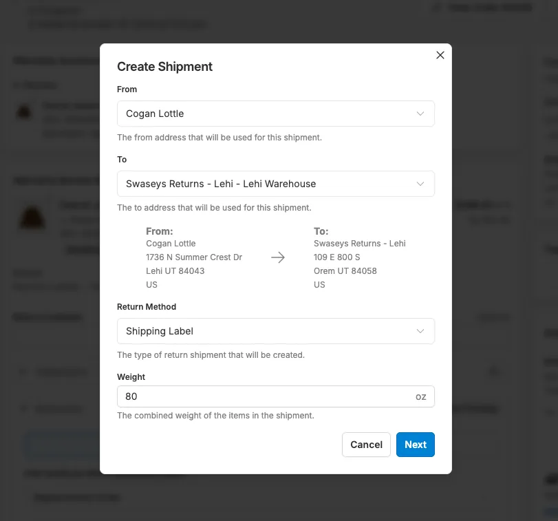 Screenshot of return shipment create