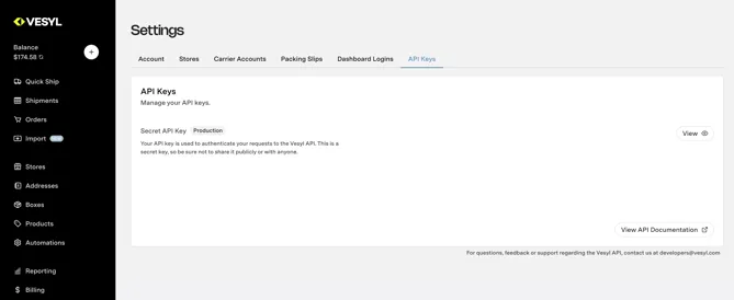 Finding your Vesyl API key Screenshot