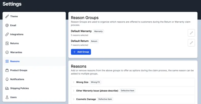 Adding reason group screenshot