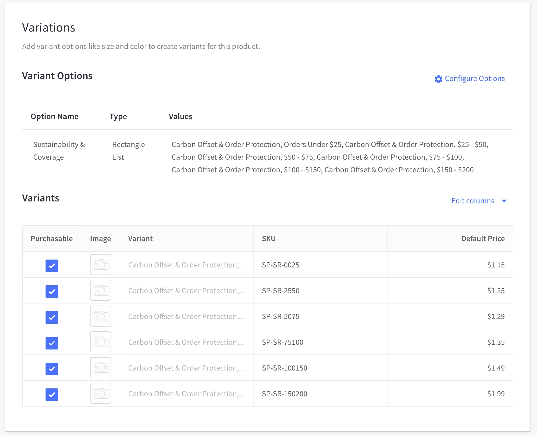 GSP product and variant screenshot