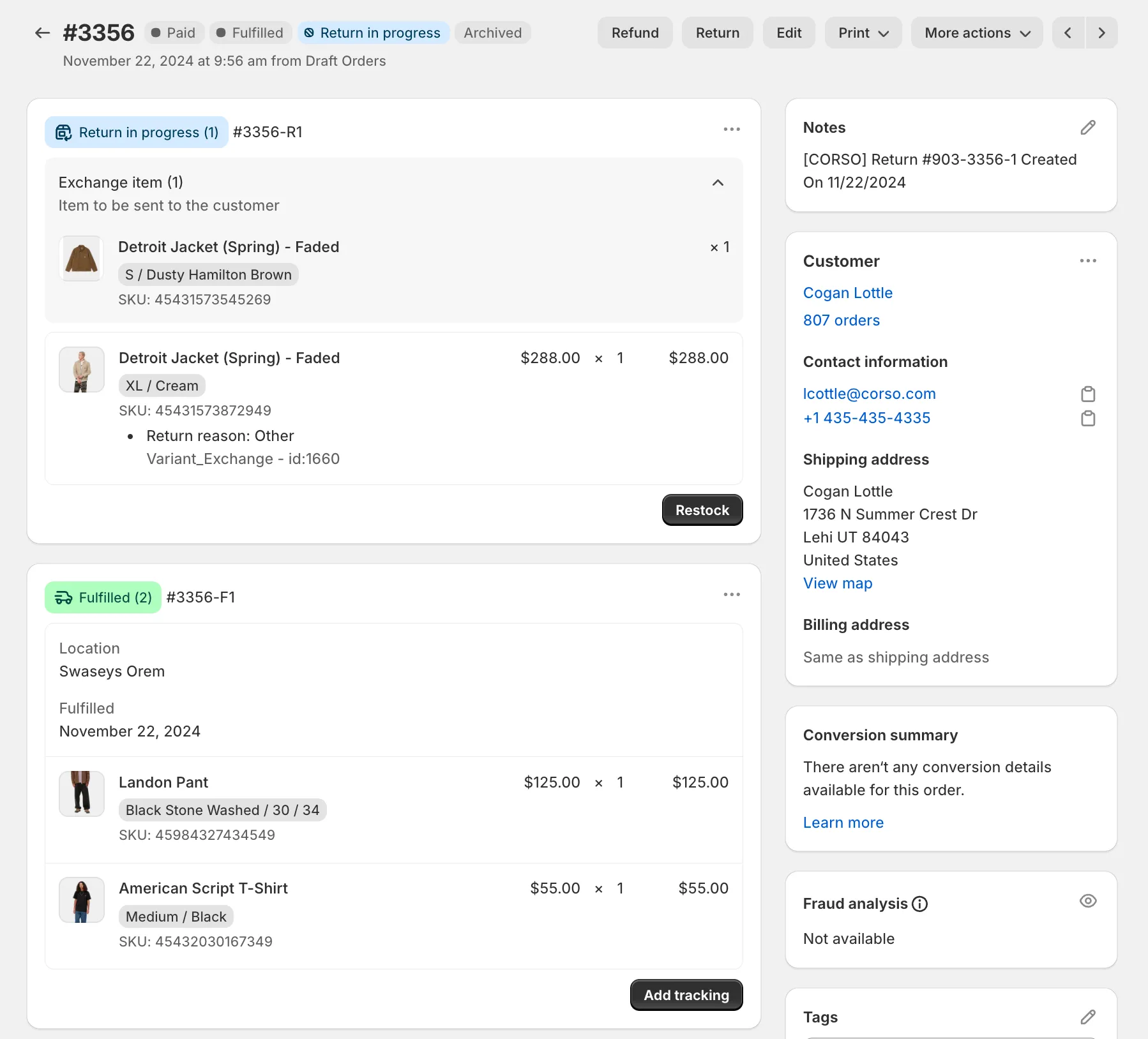 Screenshot of exchange in progress in Shopify original order