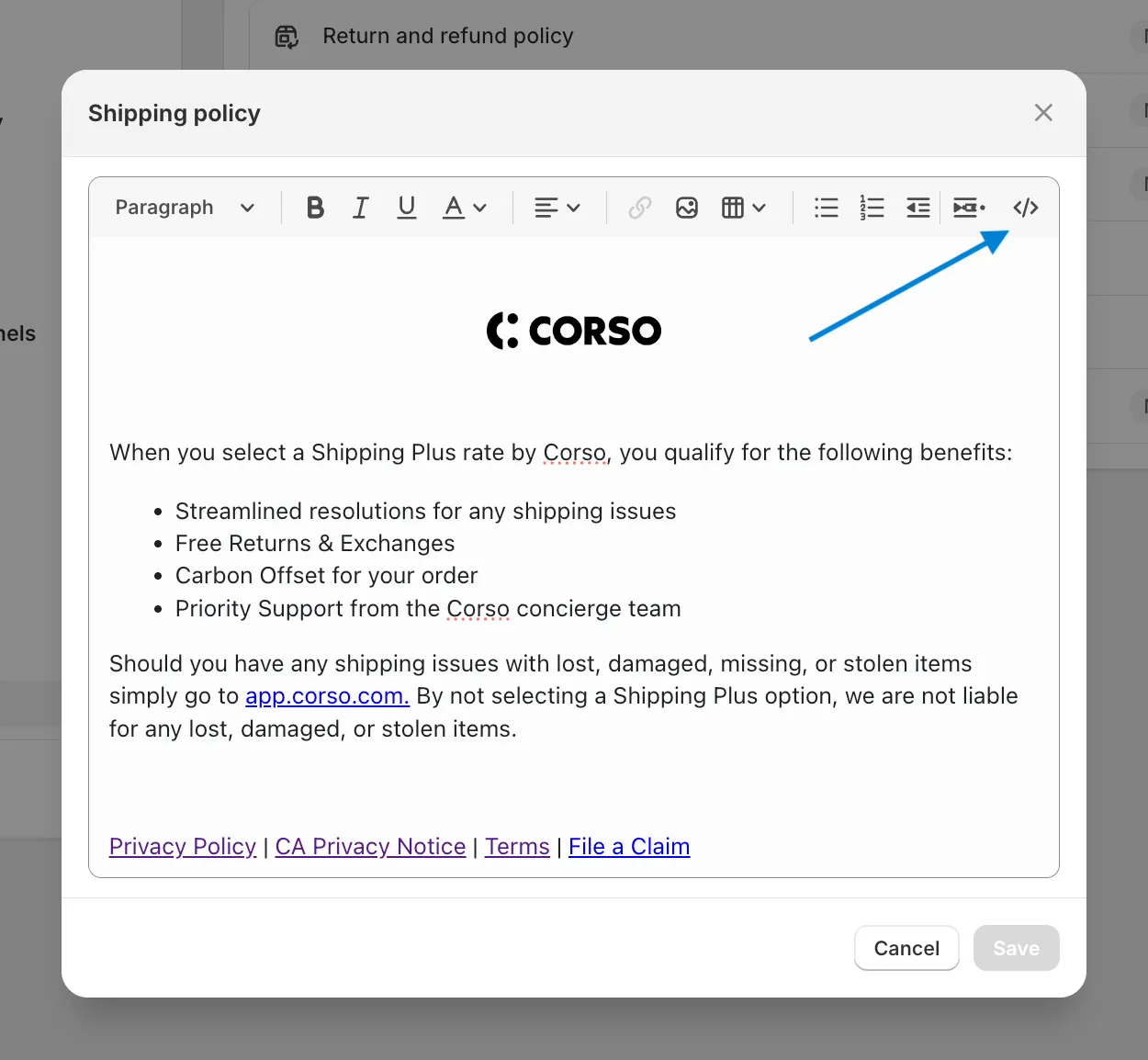 Screenshot of where to paste HTML from Corso example policy.