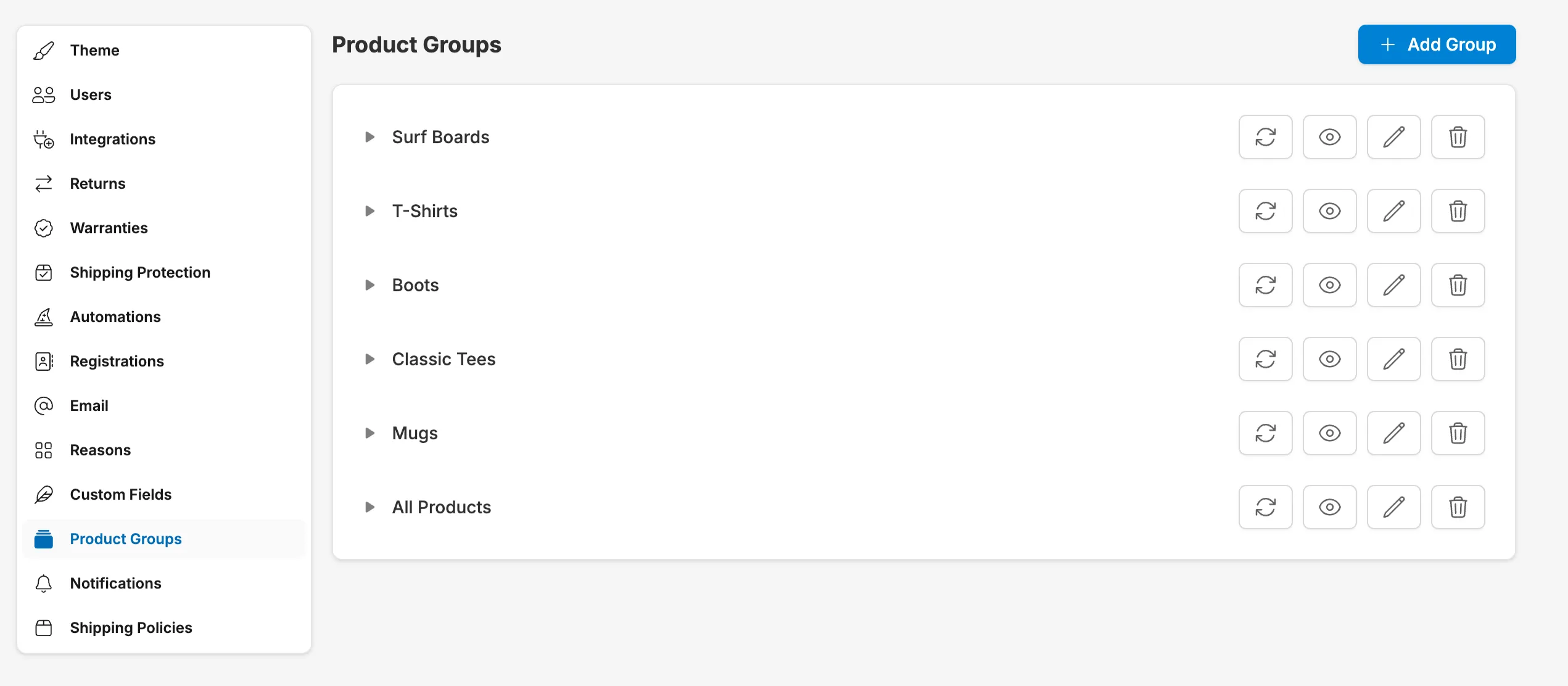 Screen shot of Product Group Settings