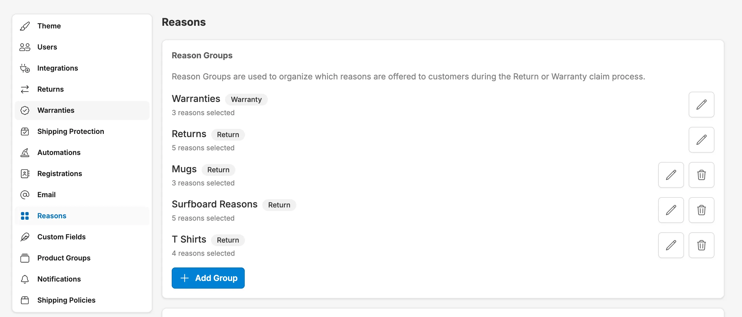 Adding reason group screenshot