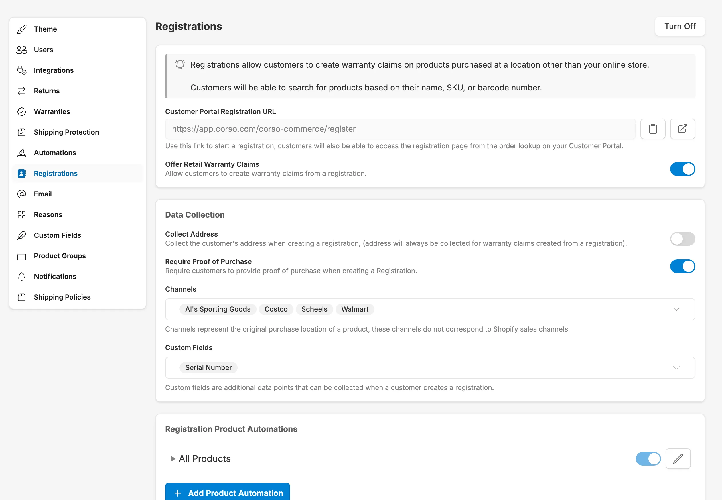 Registration settings screenshot