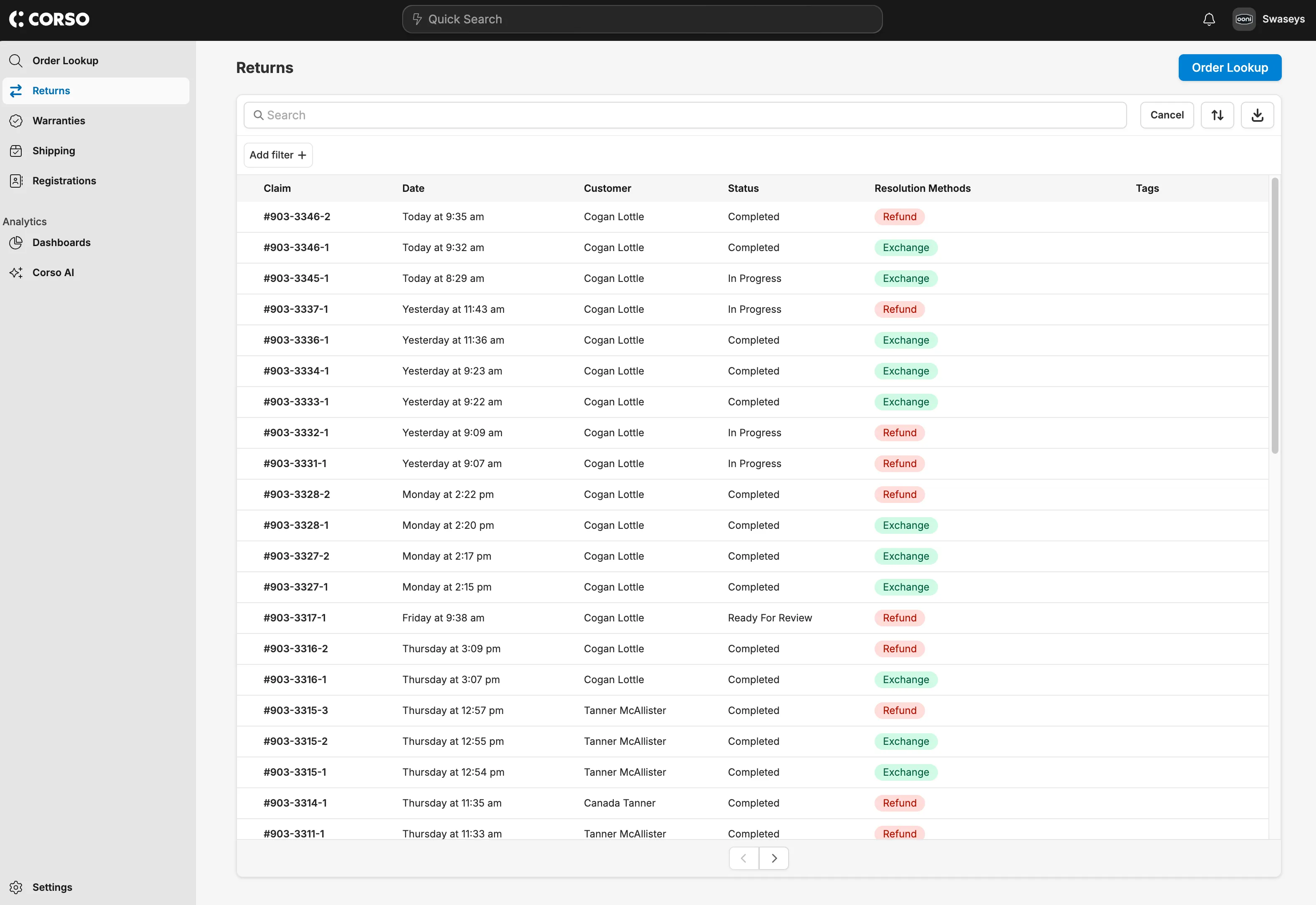 Screenshot of return claims page