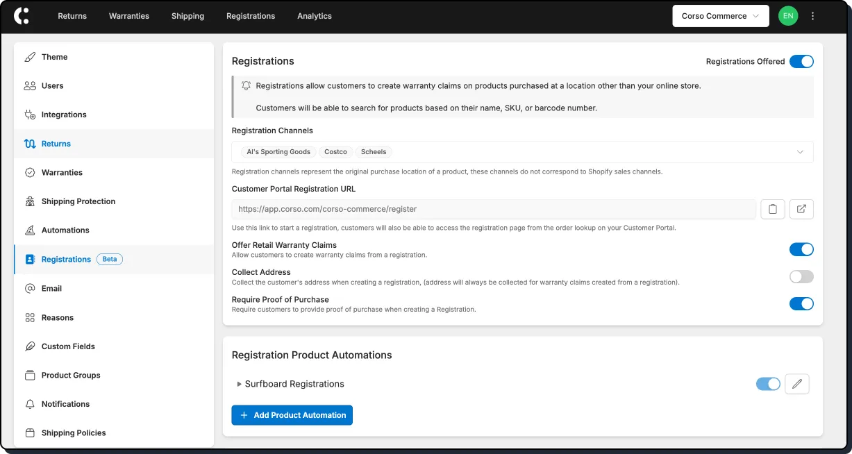 Registration settings screenshot