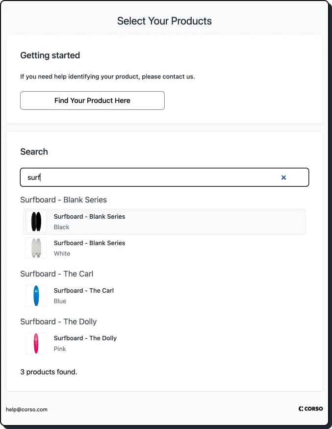 Product selection screenshot