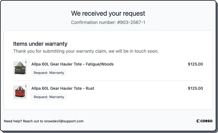 Warranty overview confirmation page