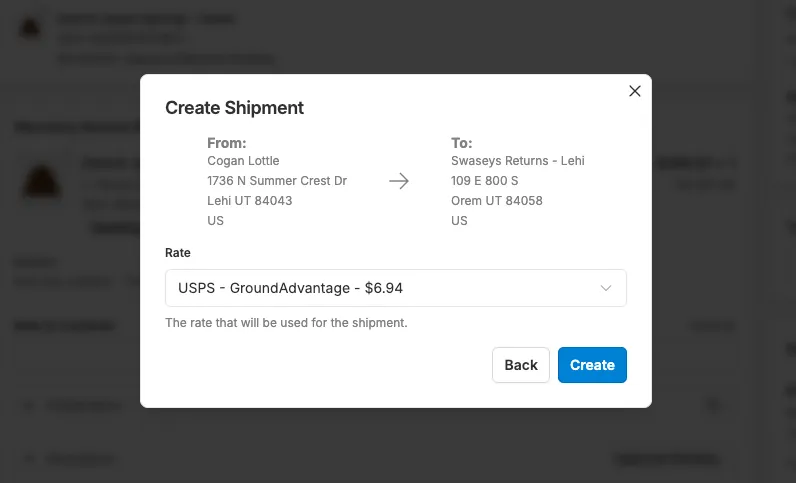 Screenshot of rate select and creating a label