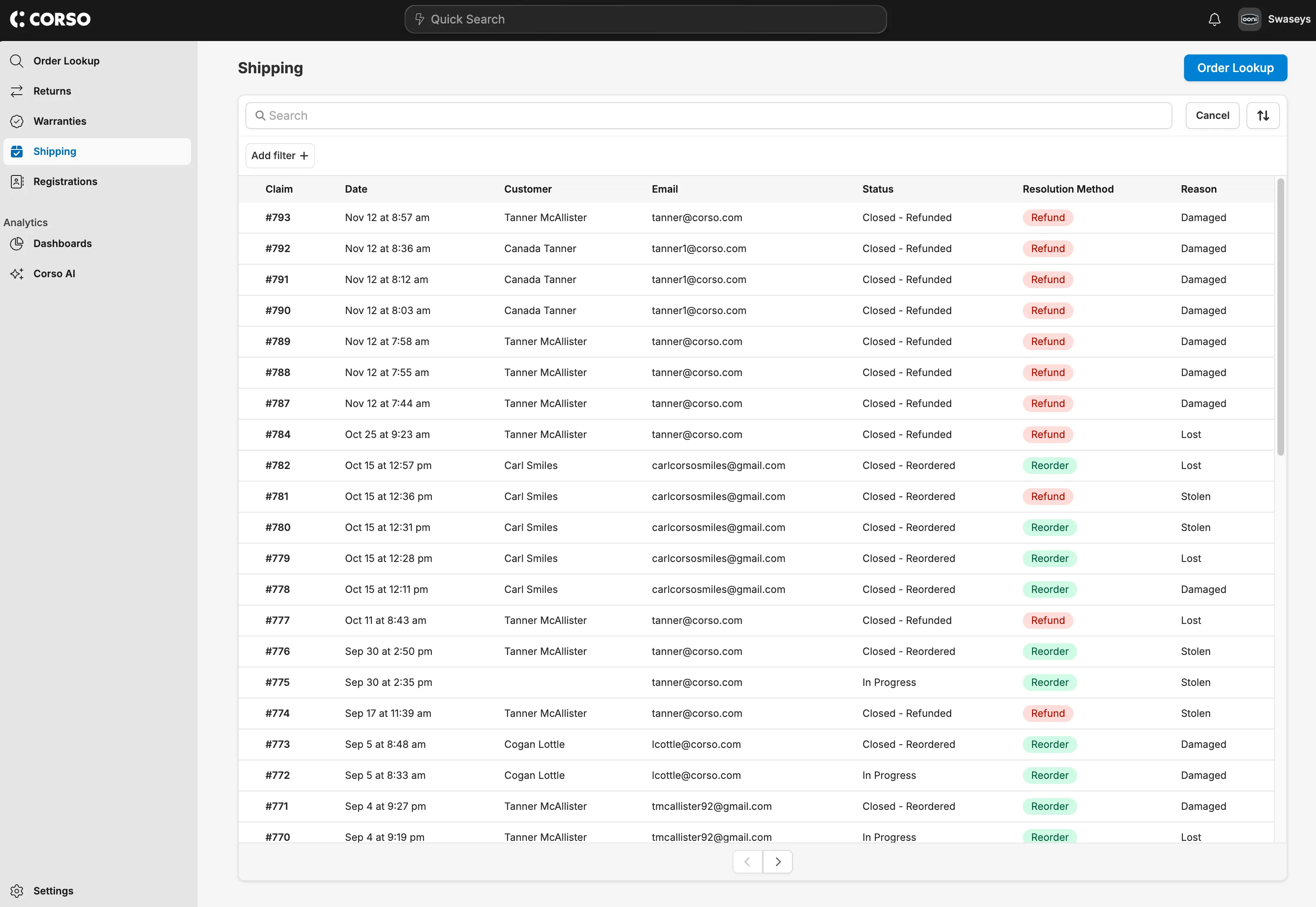 Screenshot of Shipping Claims Page