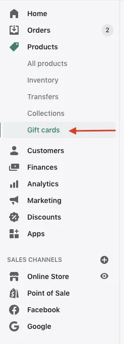 Setting up a shopify gift card screenshot