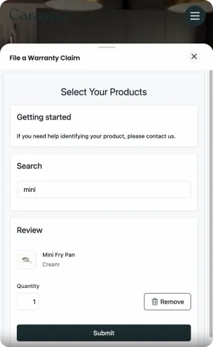 Screenshot of the page where a customer has selected a product and can submit it to create a claim.