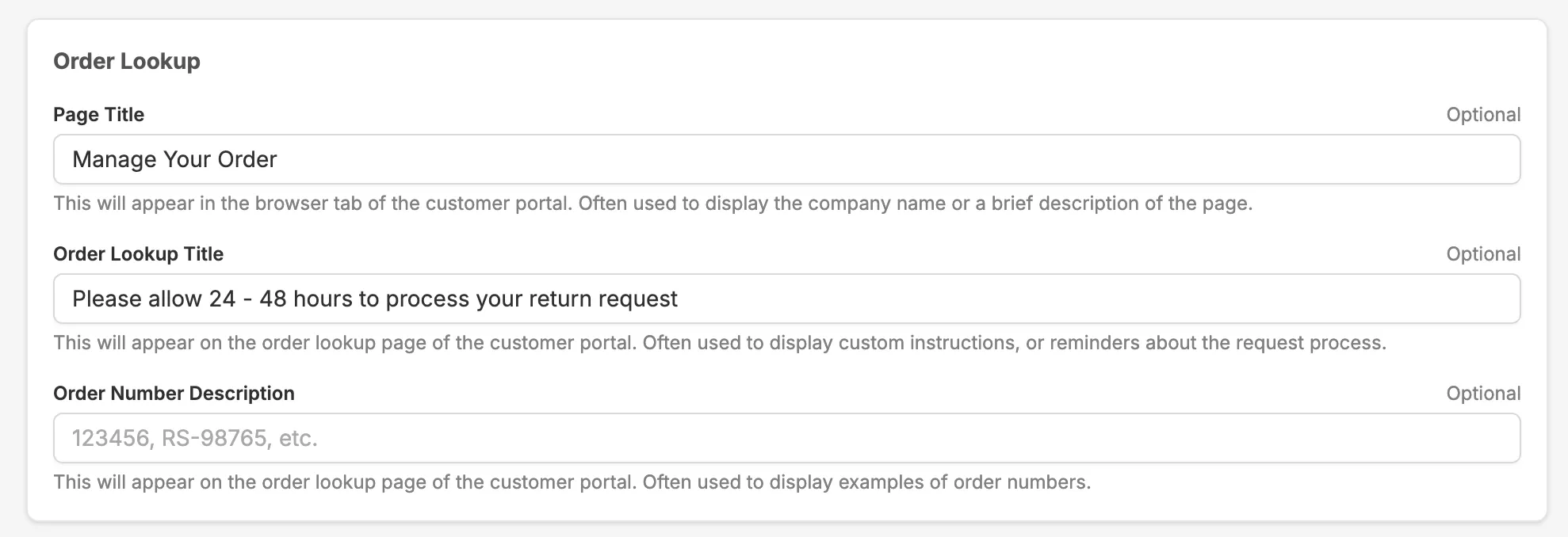 Order lookup theme settings
