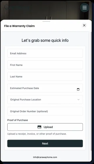 Screenshot of warranty claim start page