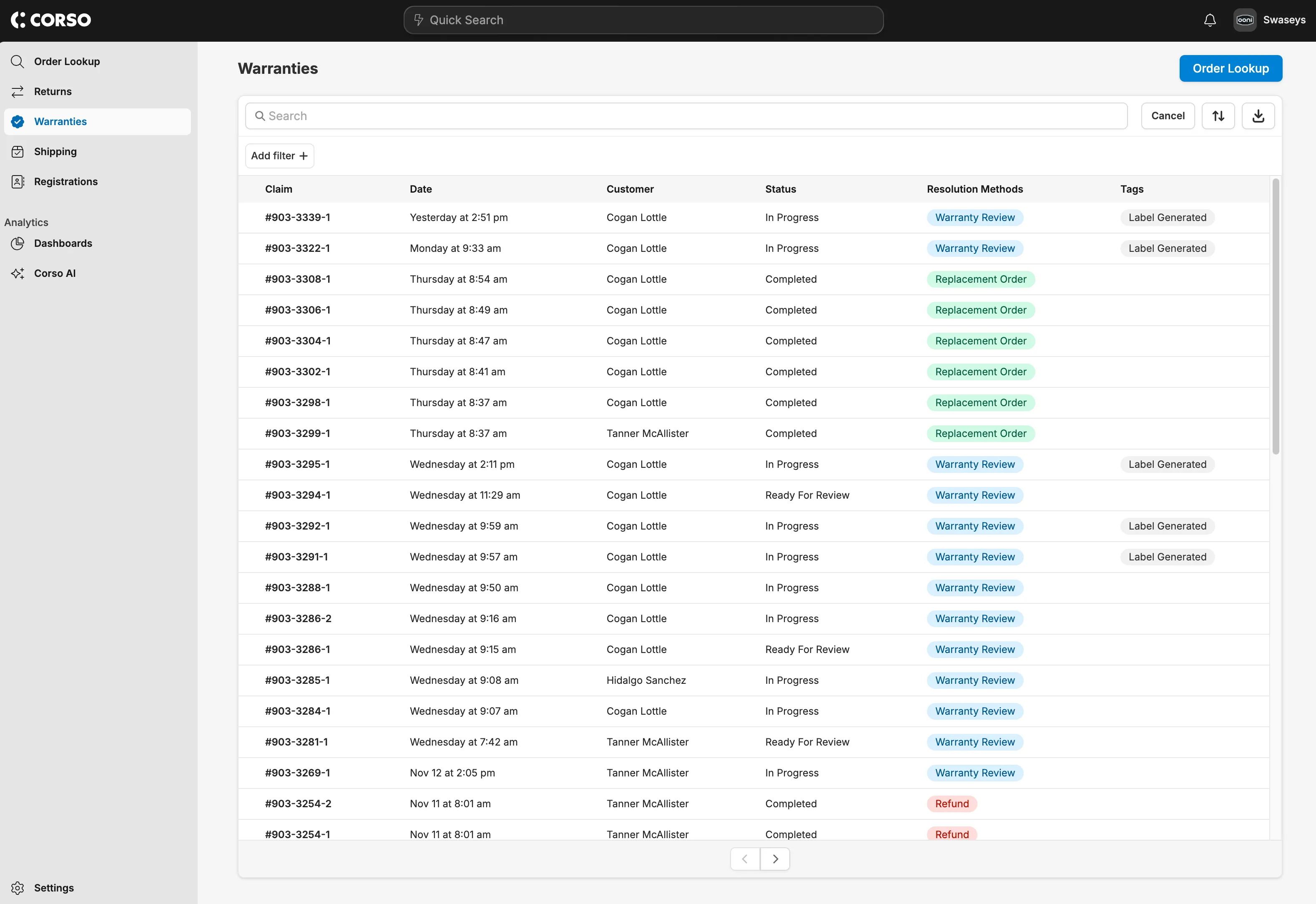 Screenshot of warranty claims page